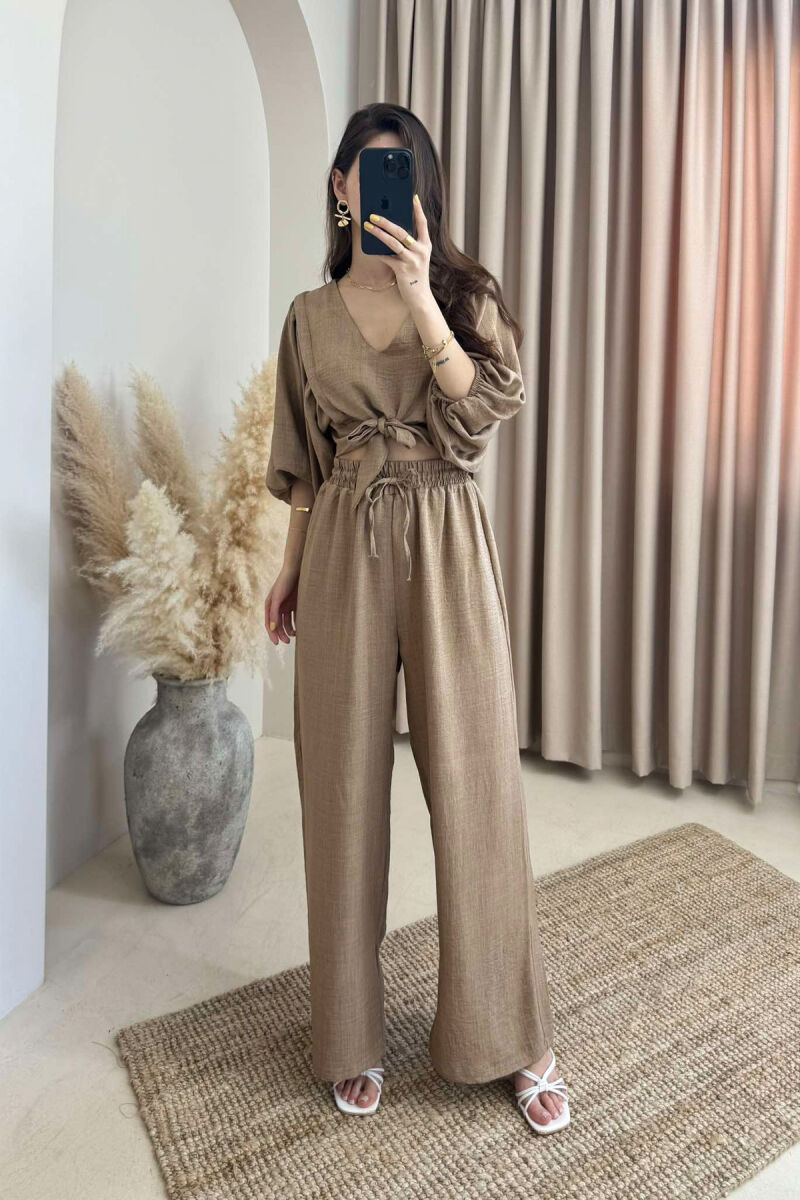 WIDE LEG TROUSERS+CROP LACING DETAIL WOMEN SET LIGHT BROWN/KAZB - 2