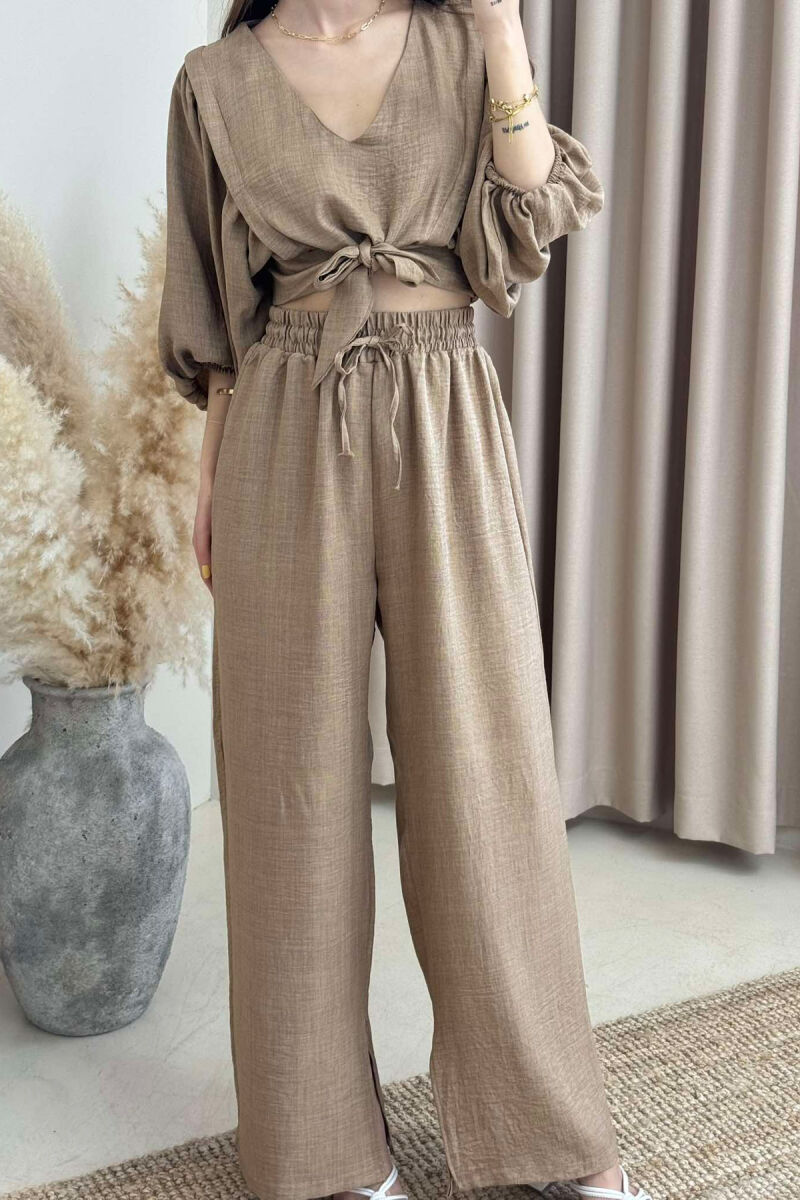 WIDE LEG TROUSERS+CROP LACING DETAIL WOMEN SET LIGHT BROWN/KAZB - 3