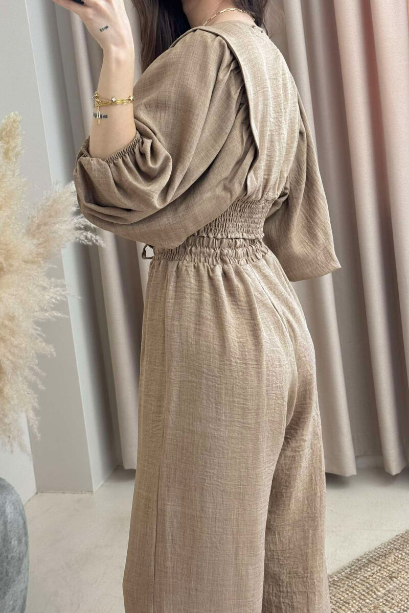 WIDE LEG TROUSERS+CROP LACING DETAIL WOMEN SET LIGHT BROWN/KAZB - 4