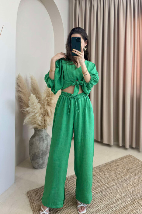 WIDE LEG TROUSERS+CROP LACING DETAIL WOMEN SET LIGHT GREEN/JEZB 