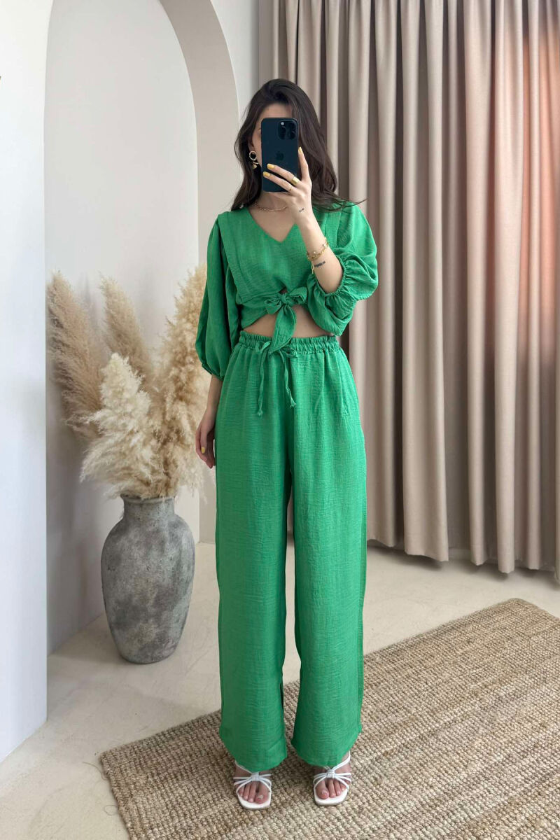 WIDE LEG TROUSERS+CROP LACING DETAIL WOMEN SET LIGHT GREEN/JEZB - 2