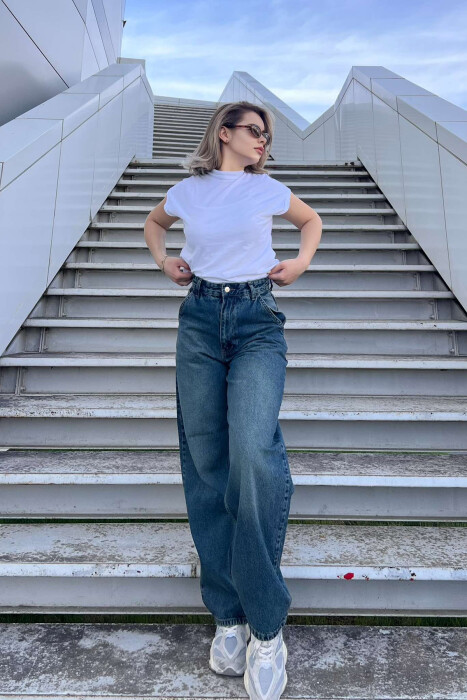 WIDE LEG WOMEN JEANS DARK BLUE/BEE 