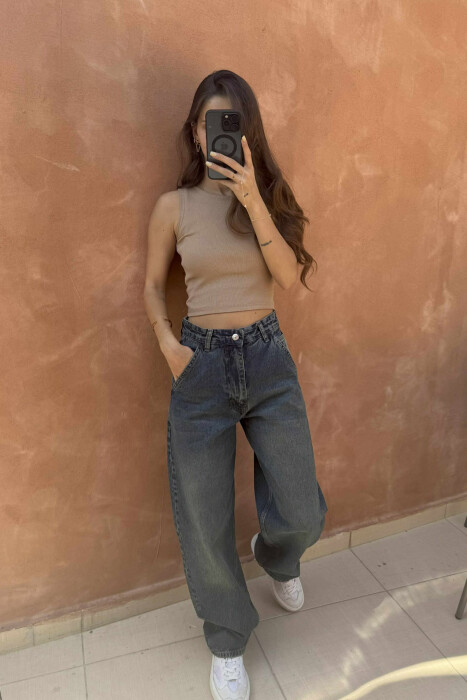 WIDE LEG WOMEN JEANS DARK BLUE/BEE 