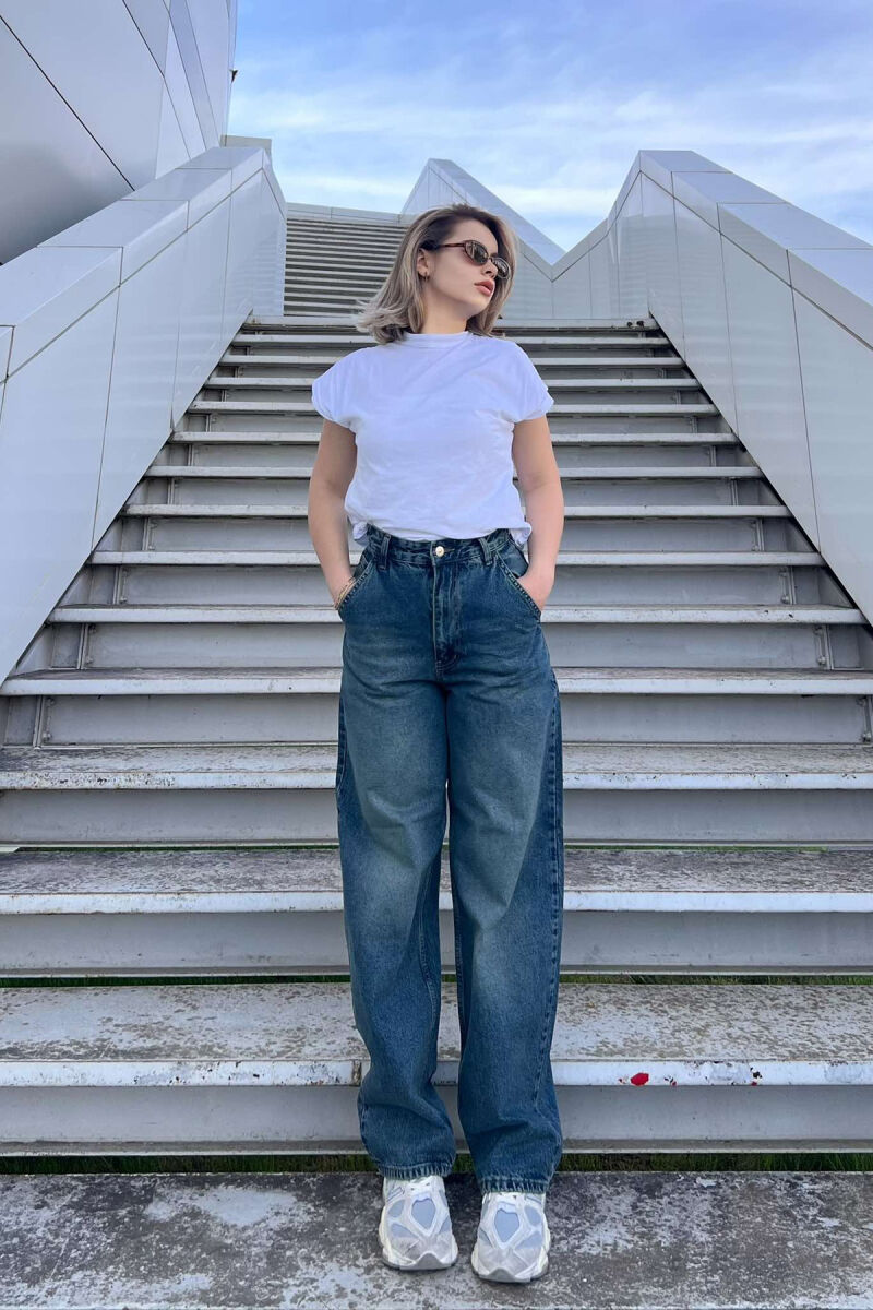 WIDE LEG WOMEN JEANS DARK BLUE/BEE - 2