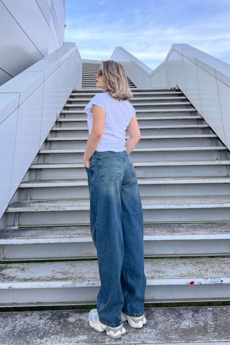 WIDE LEG WOMEN JEANS DARK BLUE/BEE - 3