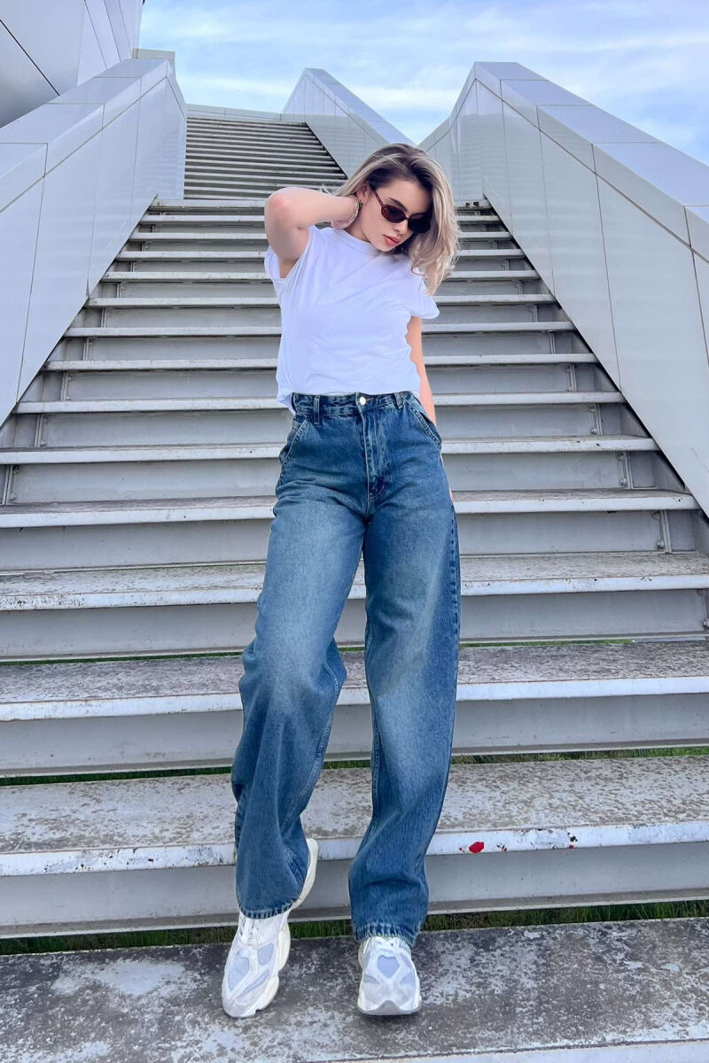 WIDE LEG WOMEN JEANS DARK BLUE/BEE - 4