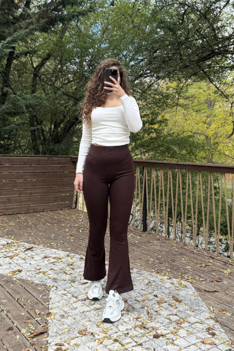 WIDE LEG WOMEN LEGGINGS BROWN/KAFE - 4