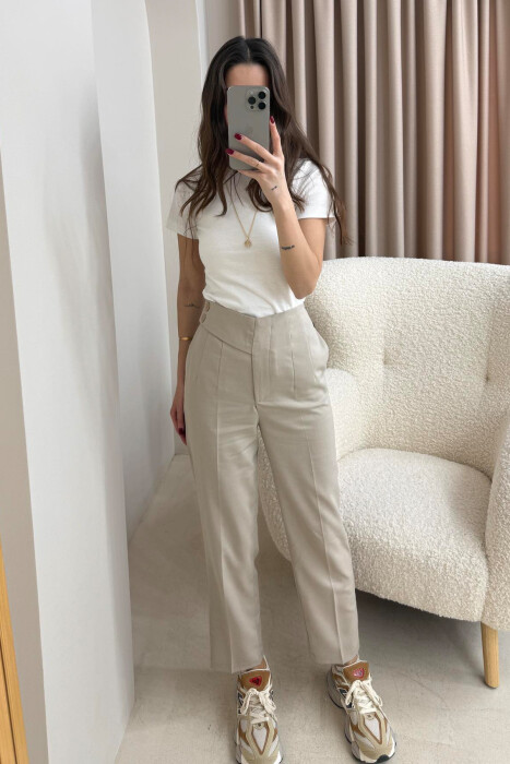 WIDE LEG ZIPPER AND BUTTON WOMEN TROUSERS BEIGE/BEZHE 