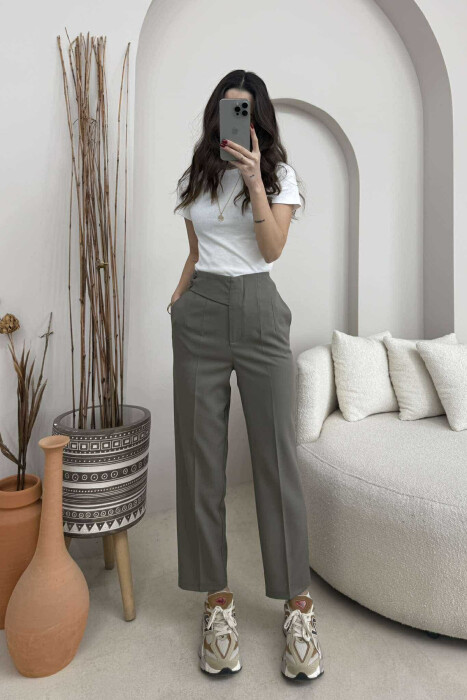 WIDE LEG ZIPPER AND BUTTON WOMEN TROUSERS LIGHT GREEN/JEZB 