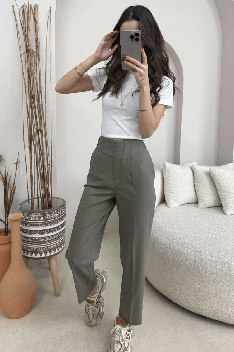 WIDE LEG ZIPPER AND BUTTON WOMEN TROUSERS LIGHT GREEN/JEZB - 2