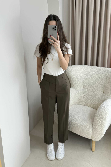 WIDE LEG ZIPPER AND BUTTON WOMEN TROUSERS OLIVE/ULLI 