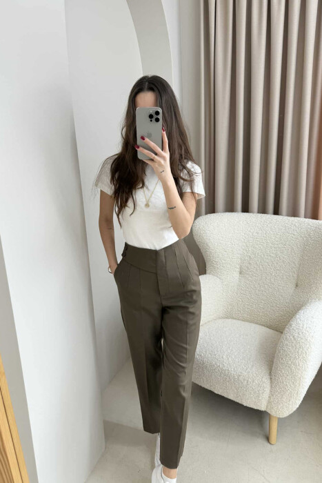 WIDE LEG ZIPPER AND BUTTON WOMEN TROUSERS OLIVE/ULLI - 2