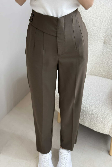 WIDE LEG ZIPPER AND BUTTON WOMEN TROUSERS OLIVE/ULLI - 4