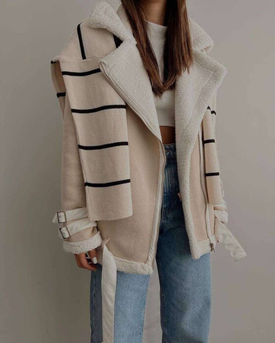 WOOL BELT WOMAN JACKET CREAM/KREM - 5