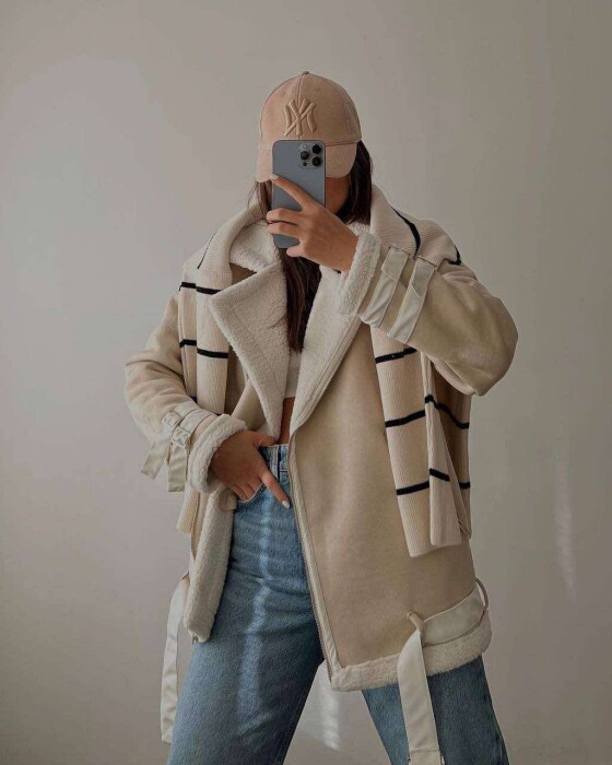 WOOL BELT WOMAN JACKET CREAM/KREM - 6