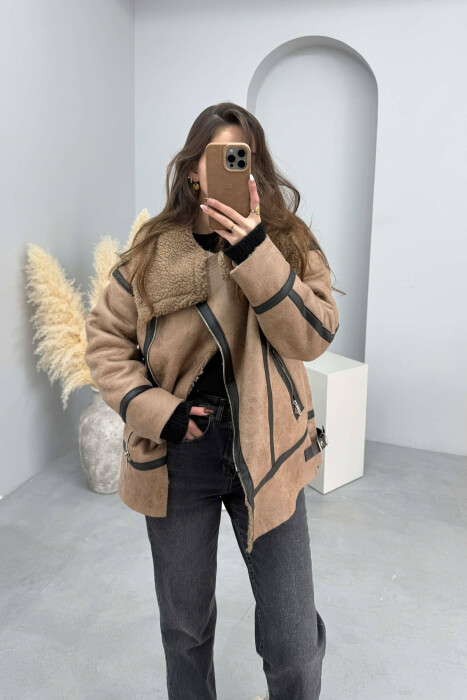 WOOL BELT WOMAN JACKET WITH ZIPPERED POCKETS LIGHT BROWN/KAZB - 