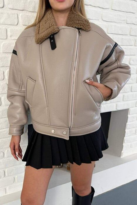 WOOL LEATHER ZIP UP WOMAN JACKET BEIGE/BEZHE 