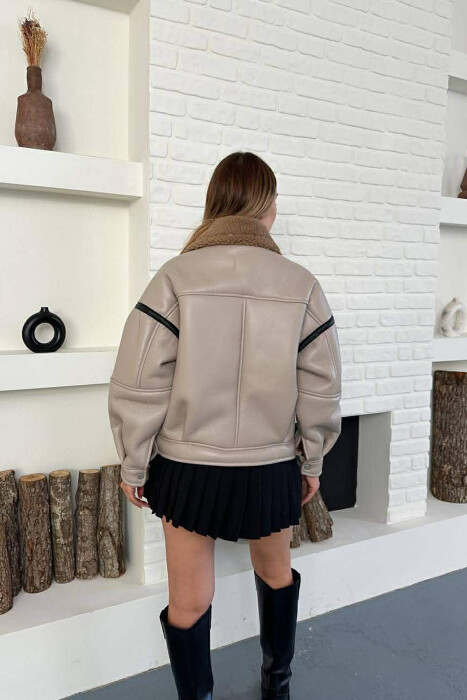 WOOL LEATHER ZIP UP WOMAN JACKET BEIGE/BEZHE - 5