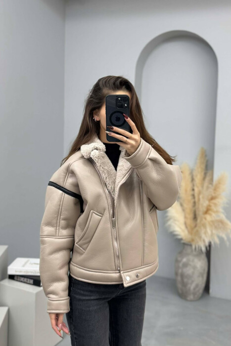 WOOL LEATHER ZIP UP WOMAN JACKET CREAM/KREM 