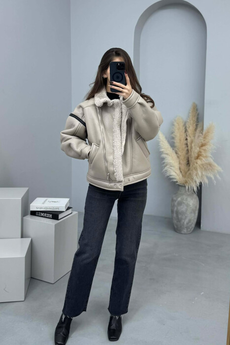 WOOL LEATHER ZIP UP WOMAN JACKET CREAM/KREM - 1