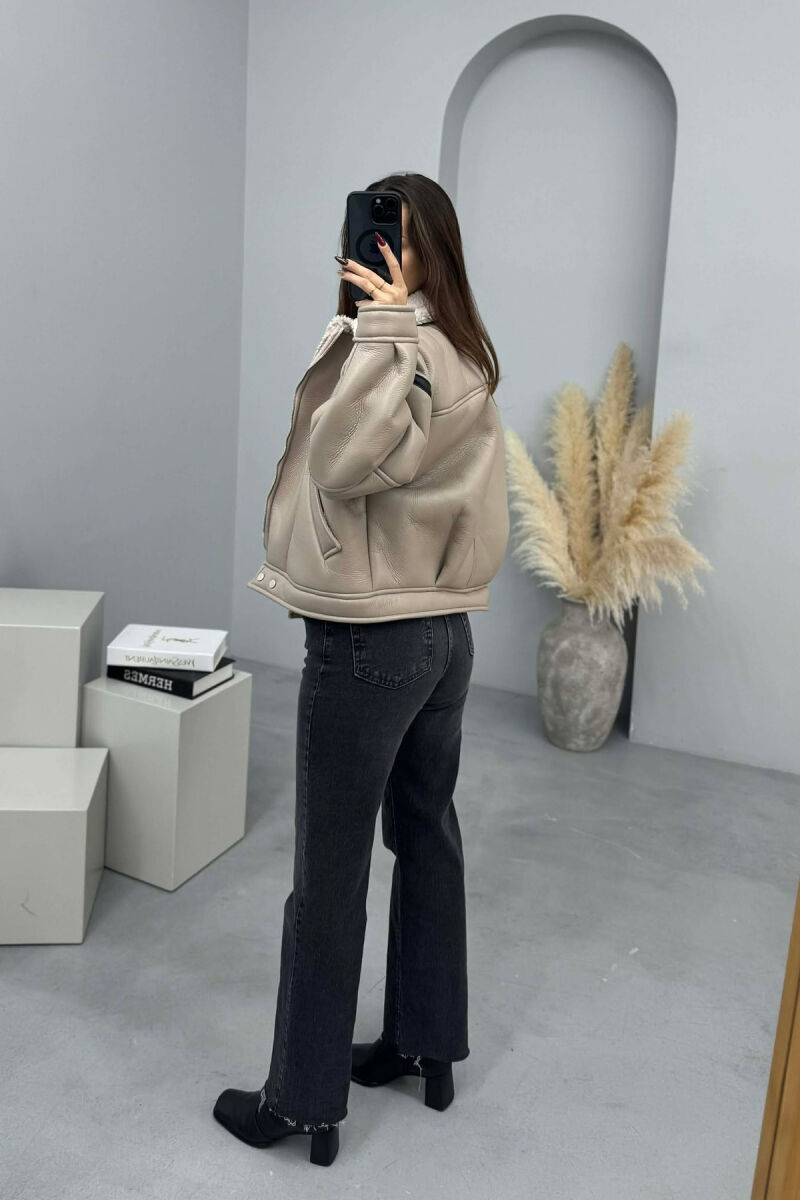 WOOL LEATHER ZIP UP WOMAN JACKET CREAM/KREM - 3