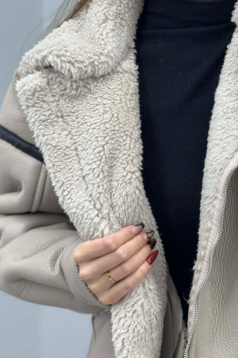 WOOL LEATHER ZIP UP WOMAN JACKET CREAM/KREM - 4