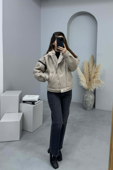 WOOL LEATHER ZIP UP WOMAN JACKET CREAM/KREM - 5