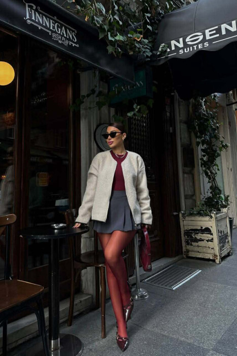 WOOL SIMPLE WOMEN JACKET CREAM/KREM - KLAUDIO FASHION