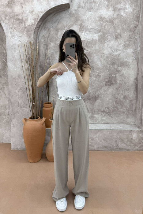 WRITTINGS ELASTIC WAIST WIDE WOMEN TROUSERS IN BEIGE COLOR 