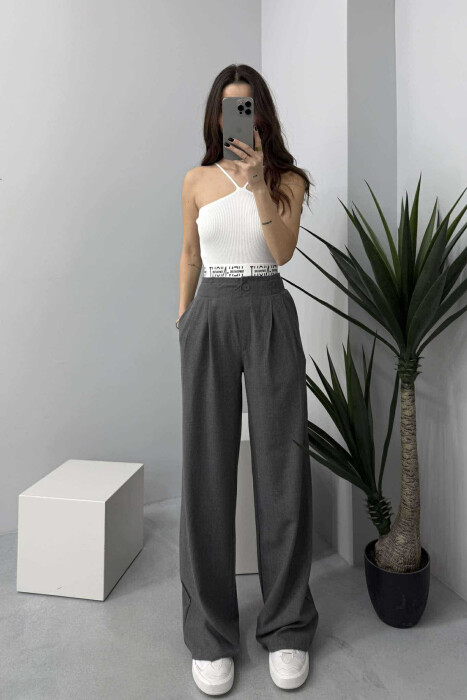 WRITTINGS ELASTIC WAIST WIDE WOMEN TROUSERS IN DARK GREY COLOR - 1