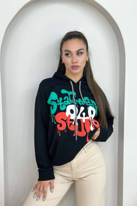 WRITTINGS HOOD COTTON WOMAN HOODIE BLACK/ E ZEZE - 1