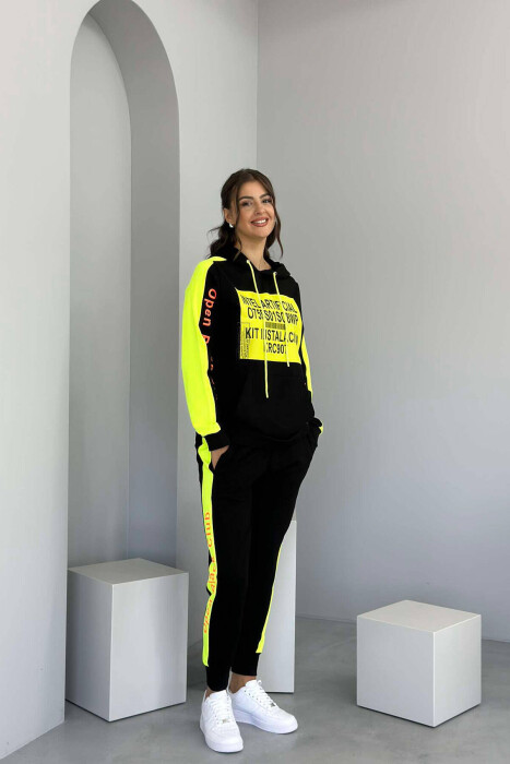 WRITTINGS HOODIE+JOGGERS WOMEN SET BLACK-NEON/ZENEO - KLAUDIO FASHION