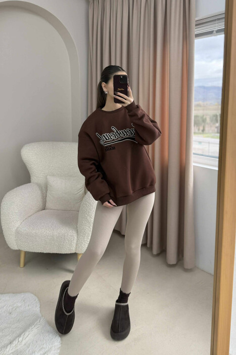 WRITTINGS ROUND NECK FLUFFY WOMEN SWEATSHIRT BROWN/KAFE - KLAUDIO FASHION