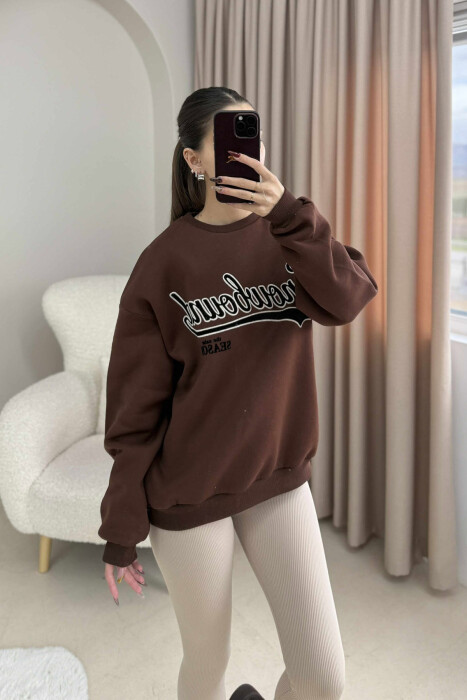 WRITTINGS ROUND NECK FLUFFY WOMEN SWEATSHIRT BROWN/KAFE - 3