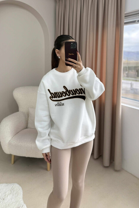 WRITTINGS ROUND NECK FLUFFY WOMEN SWEATSHIRT WHITE-E BARDHE - 3