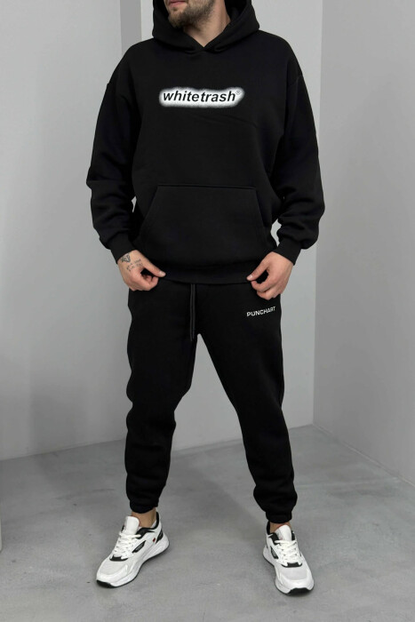 WRITTINGS SIMPLE HOODIE+JOGGERS FLUFFY MEN SET BLACK/ E ZEZE - KLAUDIO FASHION
