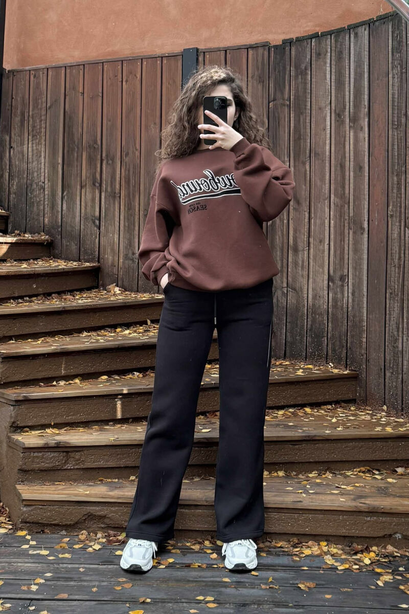 WRITTINGS SWEATSHIRT+SWEATPANTS FLUFFY WOMEN SET BLACK-BROWN/ZEKA - 1