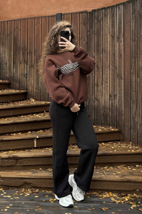 WRITTINGS SWEATSHIRT+SWEATPANTS FLUFFY WOMEN SET BLACK-BROWN/ZEKA - 2