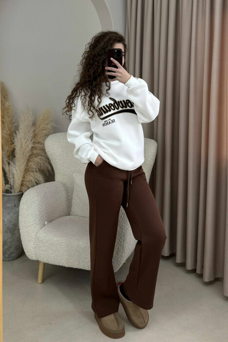 WRITTINGS SWEATSHIRT+SWEATPANTS FLUFFY WOMEN SET WHITE-BROWN/BAKA - KLAUDIO FASHION