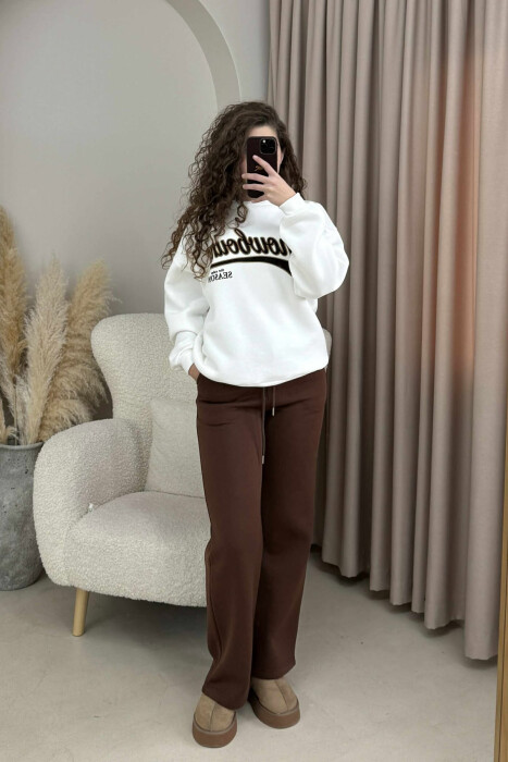 WRITTINGS SWEATSHIRT+SWEATPANTS FLUFFY WOMEN SET WHITE-BROWN/BAKA - 2