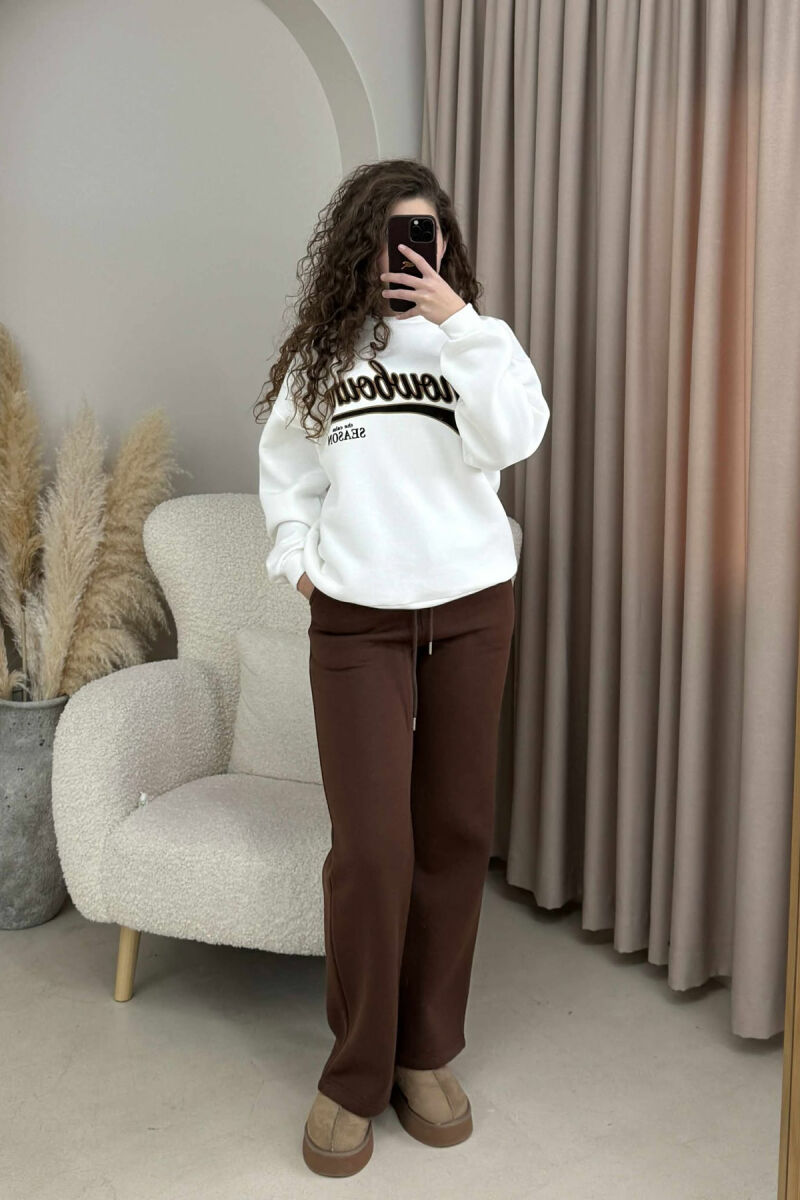 WRITTINGS SWEATSHIRT+SWEATPANTS FLUFFY WOMEN SET WHITE-BROWN/BAKA - 2