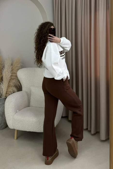 WRITTINGS SWEATSHIRT+SWEATPANTS FLUFFY WOMEN SET WHITE-BROWN/BAKA - 4