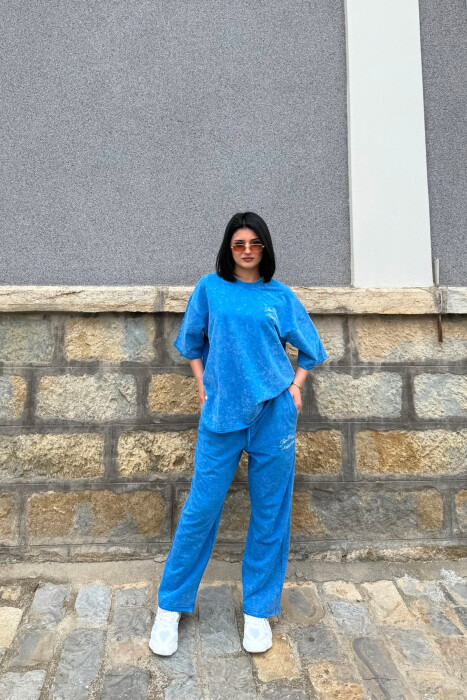 SET T-SHIRT ME SHKRIME + TUTA PER FEMRA NE NGJYRE BLU TE ZBARDHUR - KLAUDIO FASHION