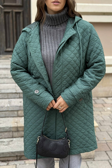 XHAKETË E GJATË NJË NGJYRËSHE ME KAPUÇ PËR FEMRA NË NGJYRË JESHILE - 3