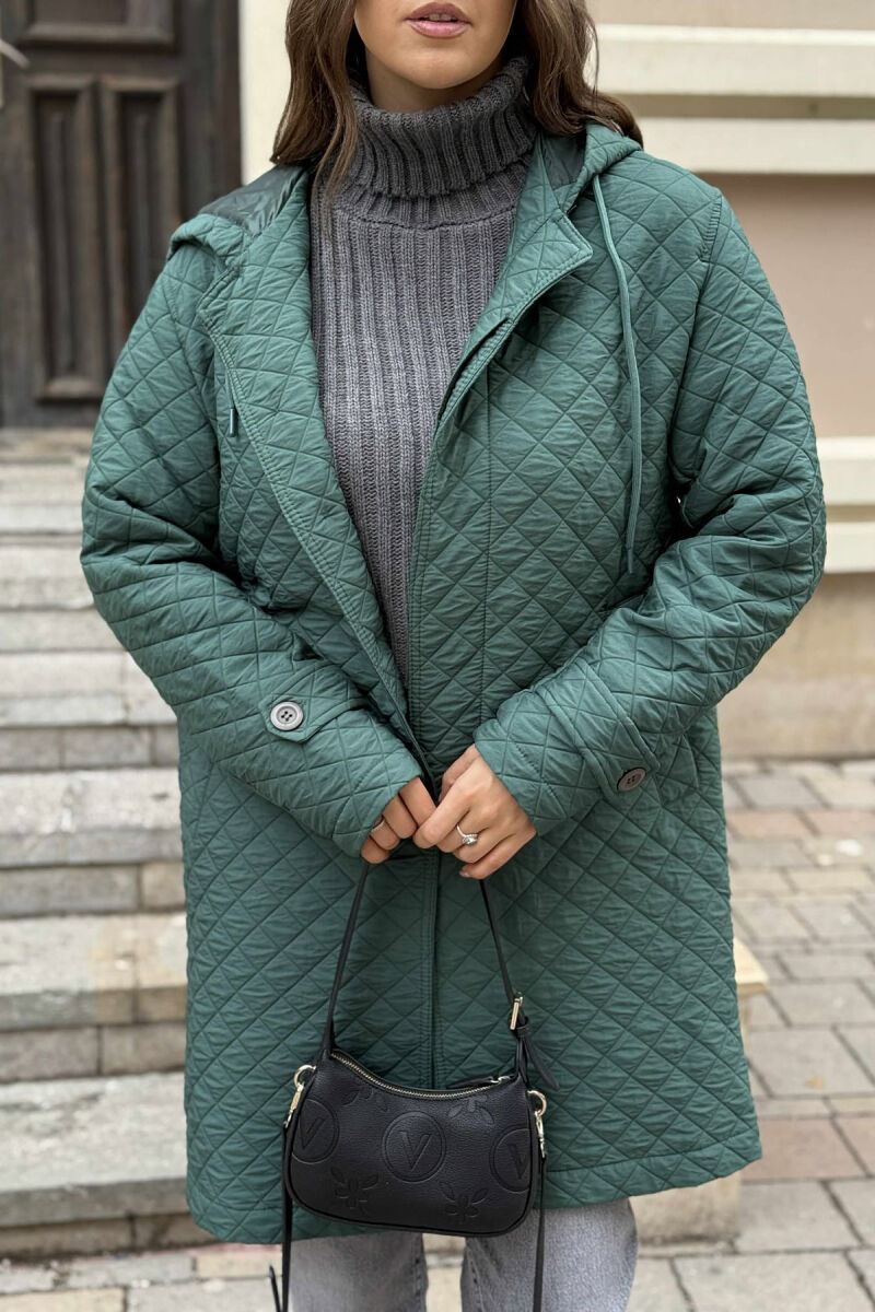 XHAKETË E GJATË NJË NGJYRËSHE ME KAPUÇ PËR FEMRA NË NGJYRË JESHILE - 3