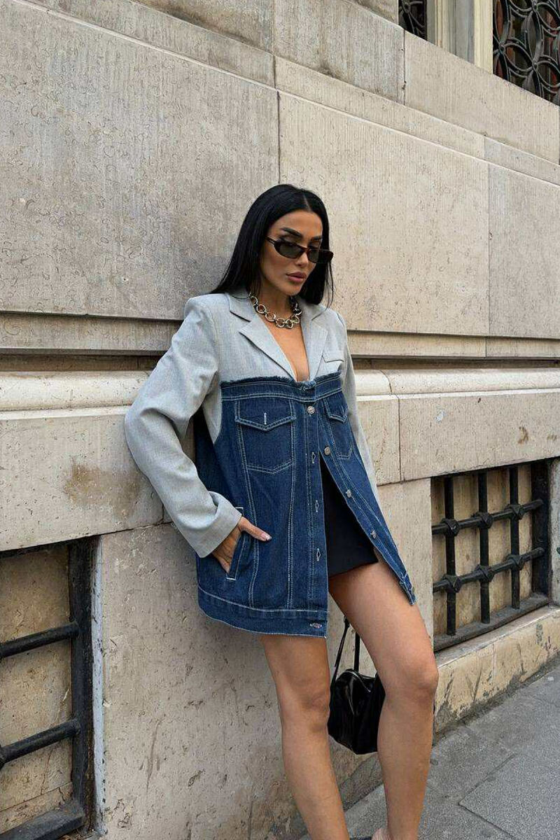 XHAKETË E THJESHTË ME DIZAJN GJYSËM XHINS PËR FEMRA NË NGJYRËN GRI - 7