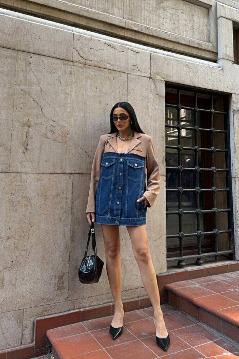 SIMPLE SEMI DENIM DESIGN WOMEN JACKET BROWN/KAFE - 9