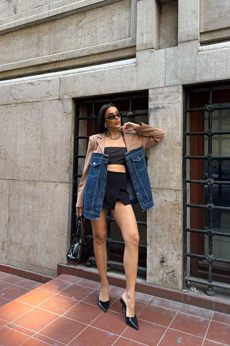 SIMPLE SEMI DENIM DESIGN WOMEN JACKET BROWN/KAFE - 11