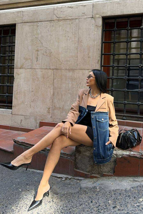 SIMPLE SEMI DENIM DESIGN WOMEN JACKET BROWN/KAFE - 14