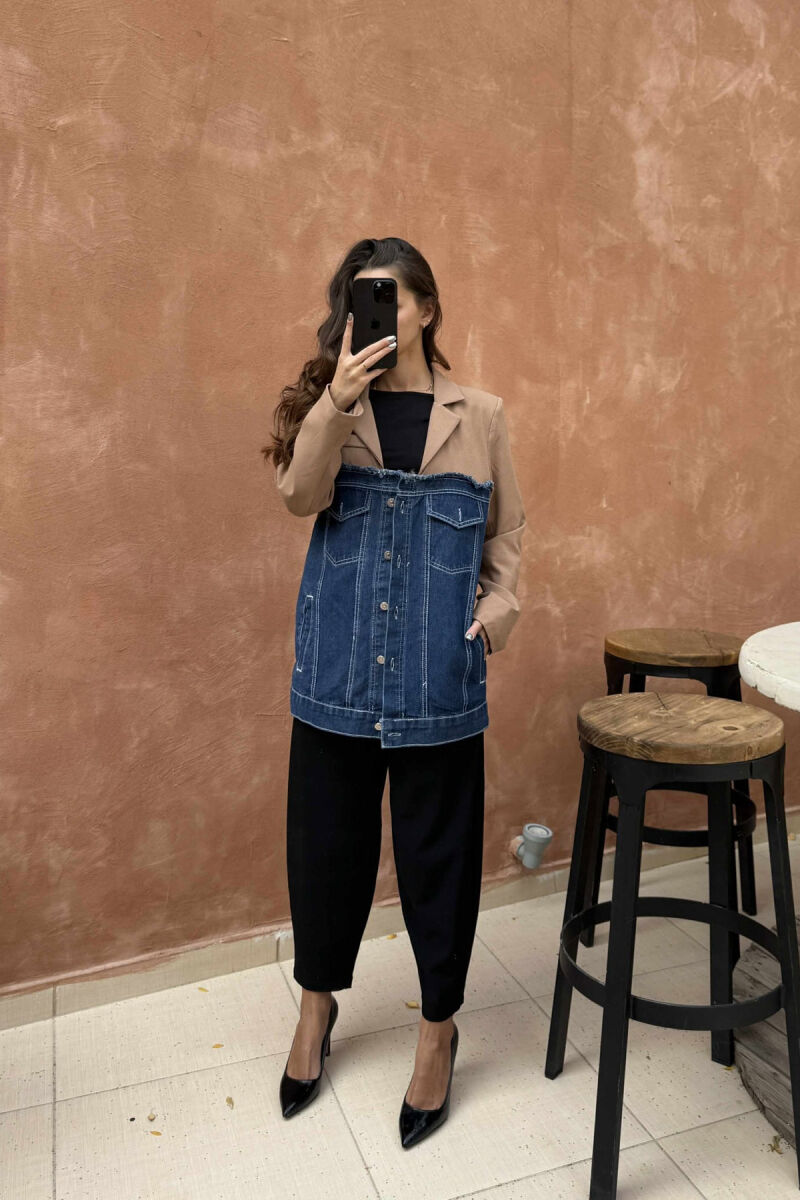 SIMPLE SEMI DENIM DESIGN WOMEN JACKET BROWN/KAFE - 5